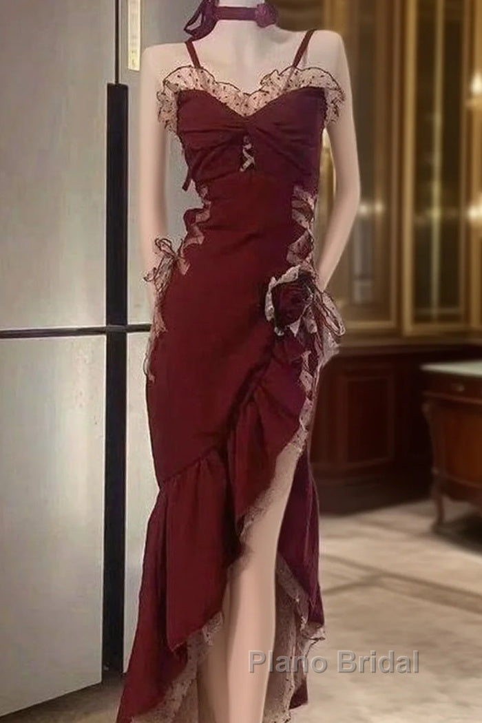 Sexy Mermaid Spaghetti Straps Burgundy Long Evening Dresses Formal Prom Dresses Main image