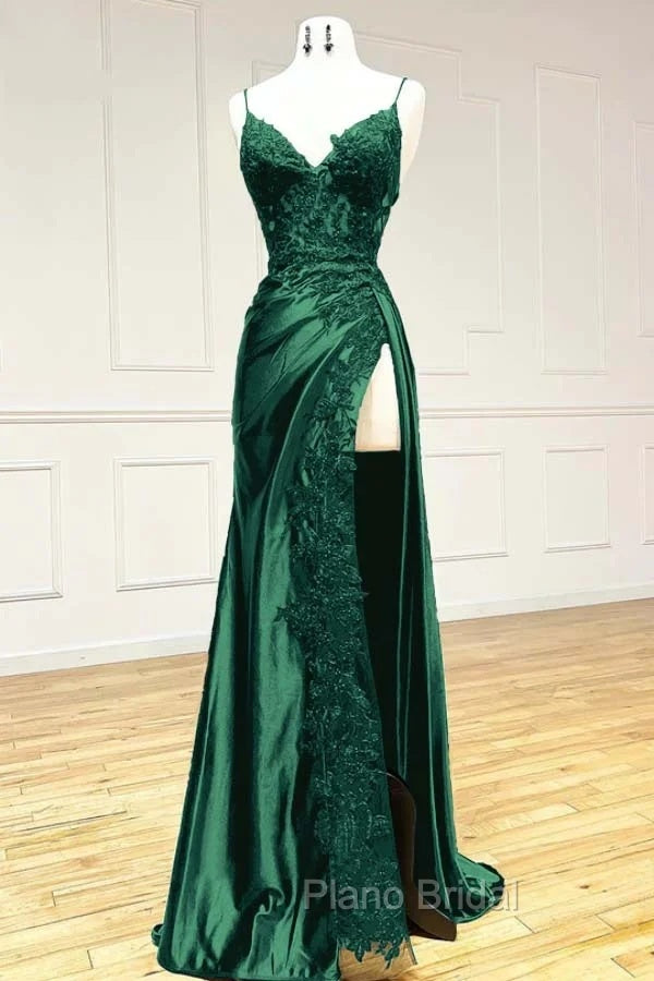 Sexy Mermaid Spaghetti Straps Dark Green Lace Backless Formal Prom Dresses Long Party Dresses