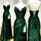 Sexy Mermaid Spaghetti Straps Dark Green Lace Backless Formal Prom Dresses Long Party Dresses