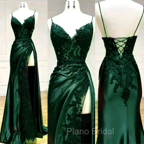 Sexy Mermaid Spaghetti Straps Dark Green Lace Backless Formal Prom Dresses Long Party Dresses