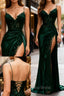 Sexy Mermaid Spaghetti Straps Dark Green Lace Backless Formal Prom Dresses Long Party Dresses