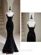 Sexy Mermaid Spaghetti Straps Sequin Black Long Formal Prom Dresses