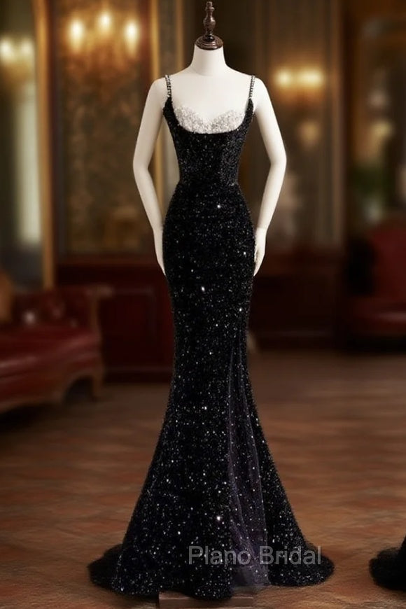 Sexy Mermaid Spaghetti Straps Sequin Black Long Formal Prom Dresses