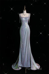 Sexy Mermaid Spaghetti Straps Sequin Silver Formal Gowns Long Formal Prom Dresses