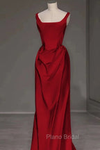 Sexy Mermaid Square Neckline Red Satin Floor Length Formal Prom Dresses