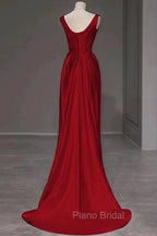 Sexy Mermaid Square Neckline Red Satin Floor Length Formal Prom Dresses