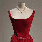 Sexy Mermaid Square Neckline Red Satin Floor Length Formal Prom Dresses