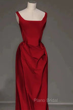Sexy Mermaid Square Neckline Red Satin Floor Length Formal Prom Dresses