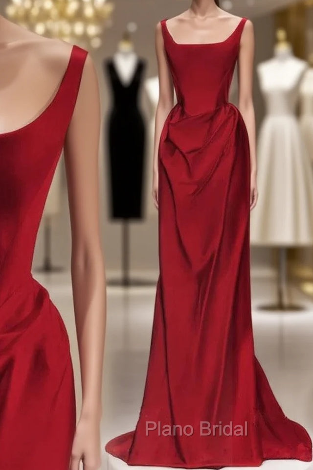 Sexy Mermaid Square Neckline Red Satin Floor Length Formal Prom Dresses Main image