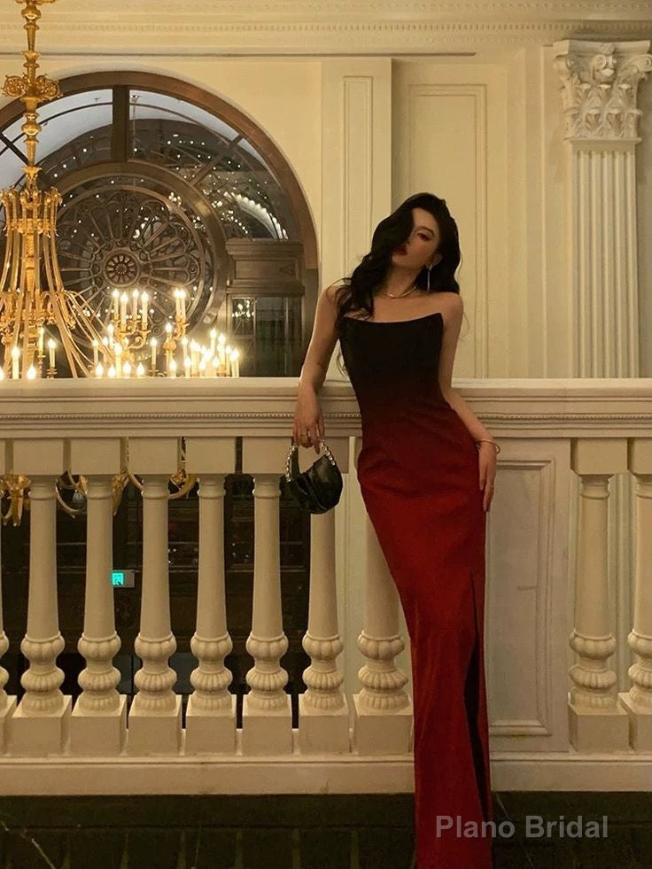 Sexy Mermaid Strapless Ombre Burgundy Satin Slit Long Prom Dresses Birthday Outfits Secondary image