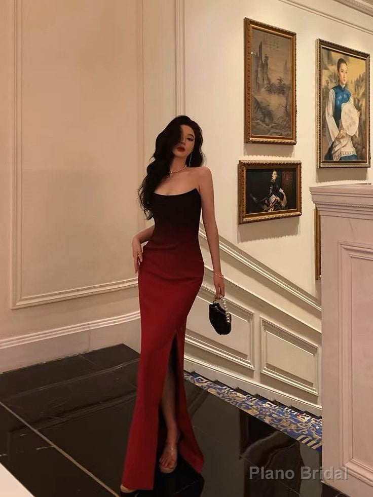 Sexy Mermaid Strapless Ombre Burgundy Satin Slit Long Prom Dresses Birthday Outfits Main image