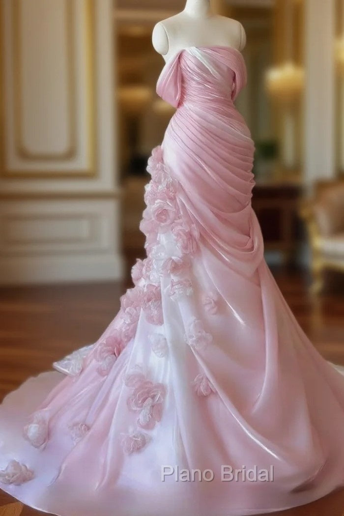 Sexy Mermaid Strapless Pink Long Floral Formal Prom Dresses Party Dresses Main image