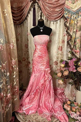 Sexy Mermaid Strapless Pink Satin Long Formal Dresses Party Dresses Formal Prom Dresses