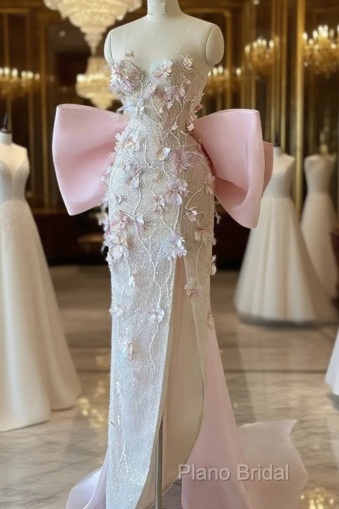 Sexy Mermaid Strapless Pink Sequin Long Floral Formal Prom Dresses Party Dresses