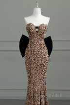 Sexy Mermaid Strapless Sequin Gold Floor Length Formal Prom Dresses