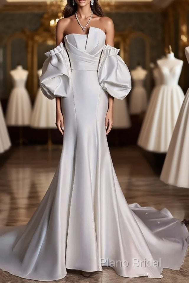 Sexy Mermaid Strapless Short Sleeves White Satin Wedding Dresses Brides Dresses Main image