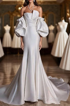 Sexy Mermaid Strapless Short Sleeves White Satin Wedding Dresses Brides Dresses