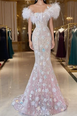 Sexy Mermaid Sweetheart Pink Lace Long Floral Formal Prom Dresses Party Dresses