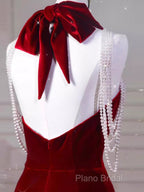 Sexy Mermaid Velvet Party Dresses Red Formal Prom Dresses