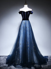 Sexy Navy Blue Tulle Velvet Off the Shoulder Prom Dress