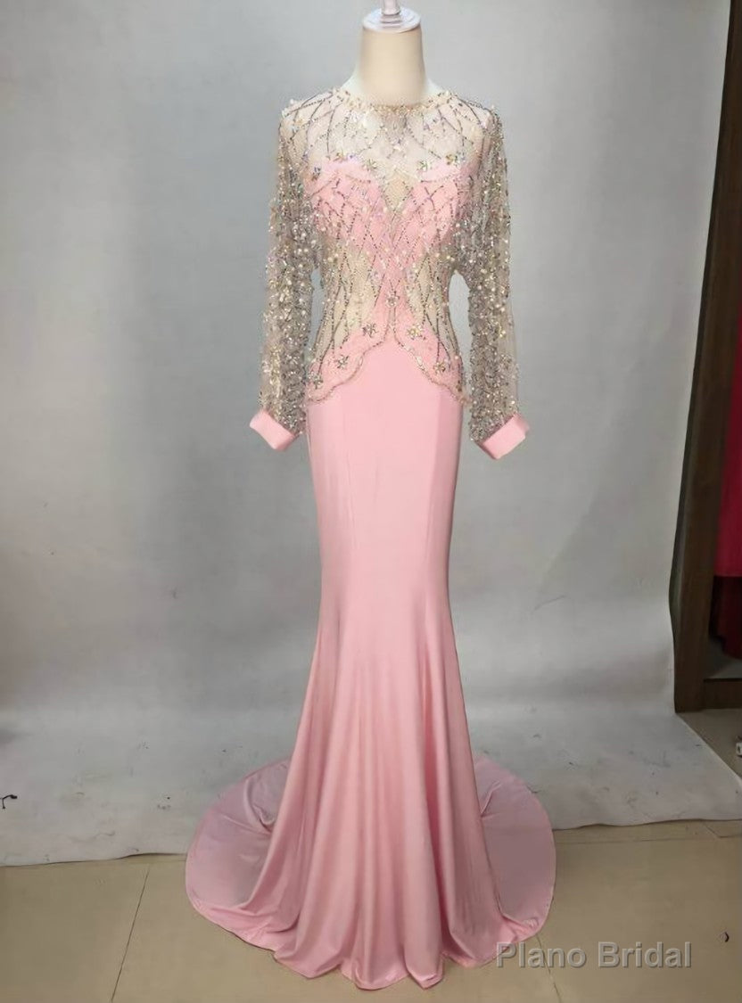 Sexy Pink Long Sleeve Beaded Chiffon Long Prom Dress Main image
