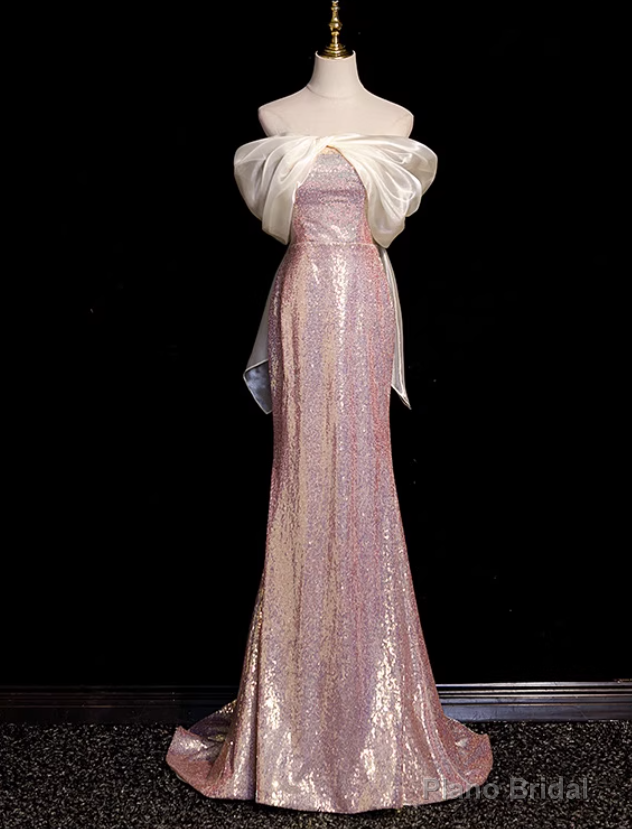 Sexy Pink Mermaid Sequins Off the Shoulder Prom Dress Main image