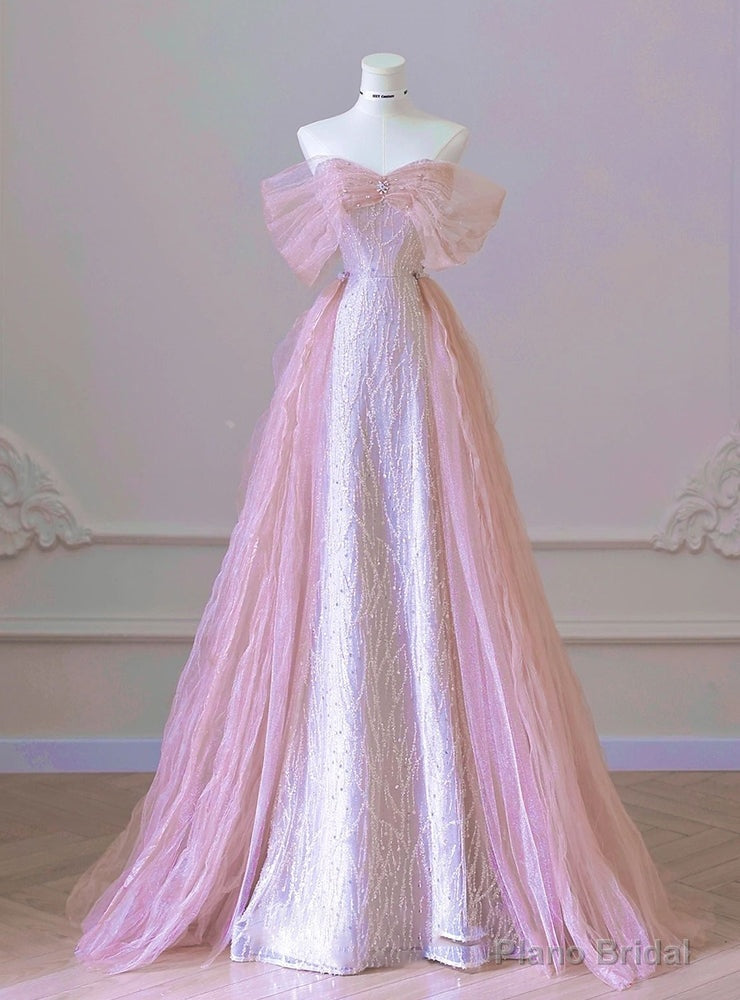 Sexy Pink Mermaid Tulle Sequins Off the Shoulder Prom Dress Main image