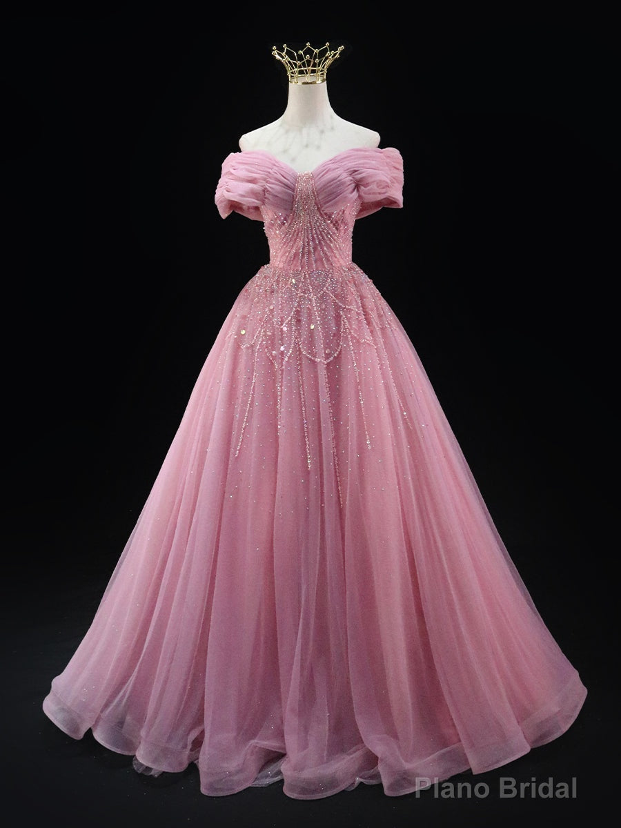 Sexy Pink Tulle Off the Shoulder Pleats Beading Prom Dress Main image