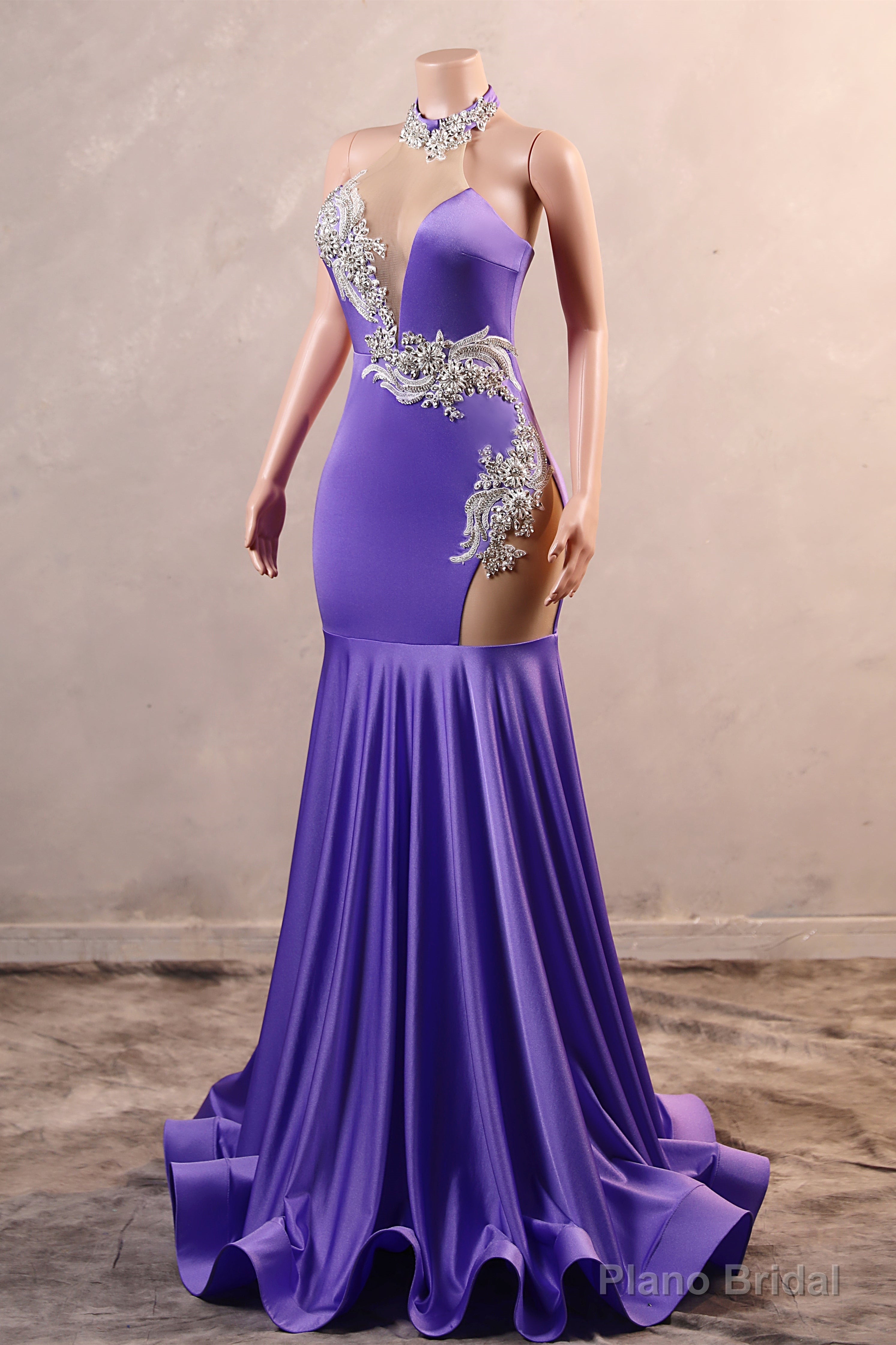 Sexy Purple Mermaid Prom Dresses Heavily Beading Women Evening Dresses Halter Neck