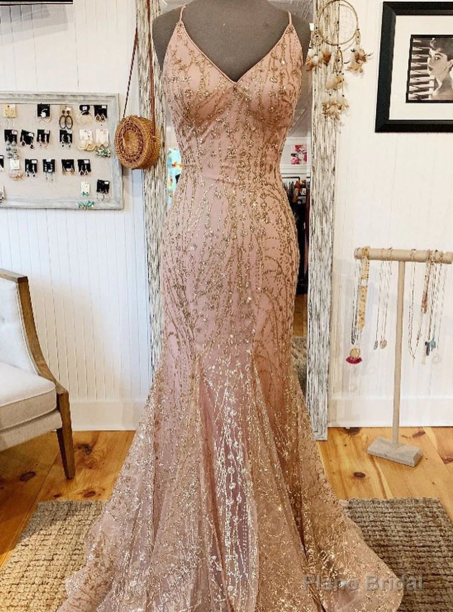 Sexy Rose Gold Mermaid Sequins Spaghetti Straps Prom Dress Main image