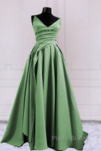 Sexy Ruched V Neck Split Satin Long Dresses