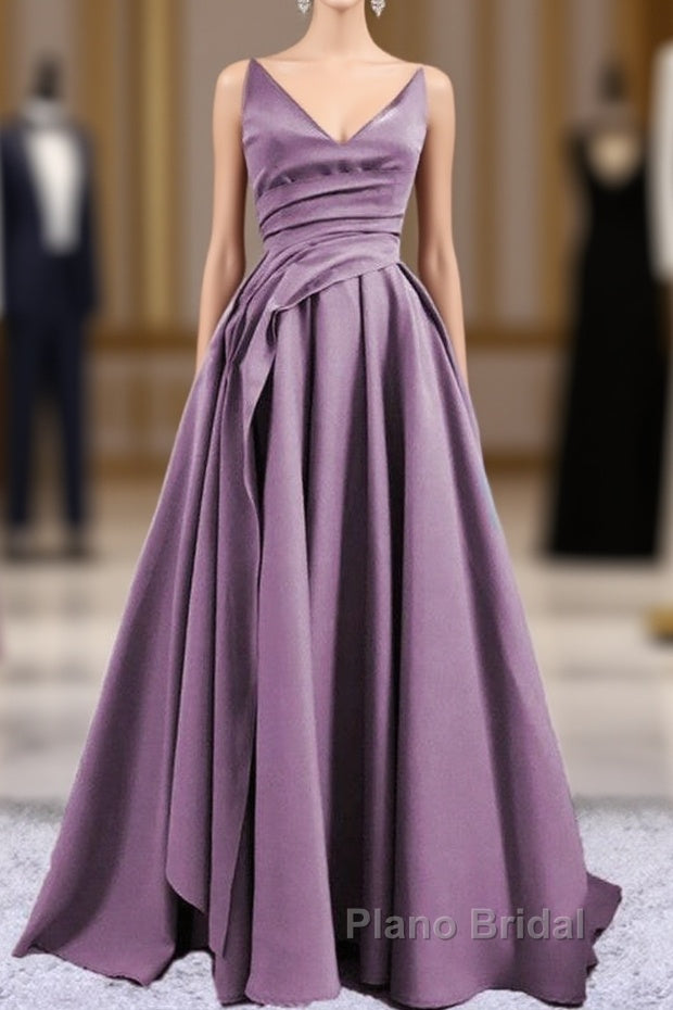 Sexy Ruched V Neck Split Satin Long Dresses