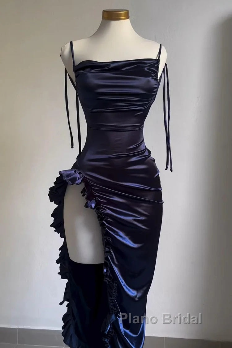 Sexy Sheath Column Spaghetti Straps Navy Blue Backless Satin Formal Prom Dresses Secondary image