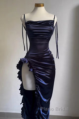 Sexy Sheath Column Spaghetti Straps Navy Blue Backless Satin Formal Prom Dresses