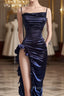 Sexy Sheath Column Spaghetti Straps Navy Blue Backless Satin Formal Prom Dresses