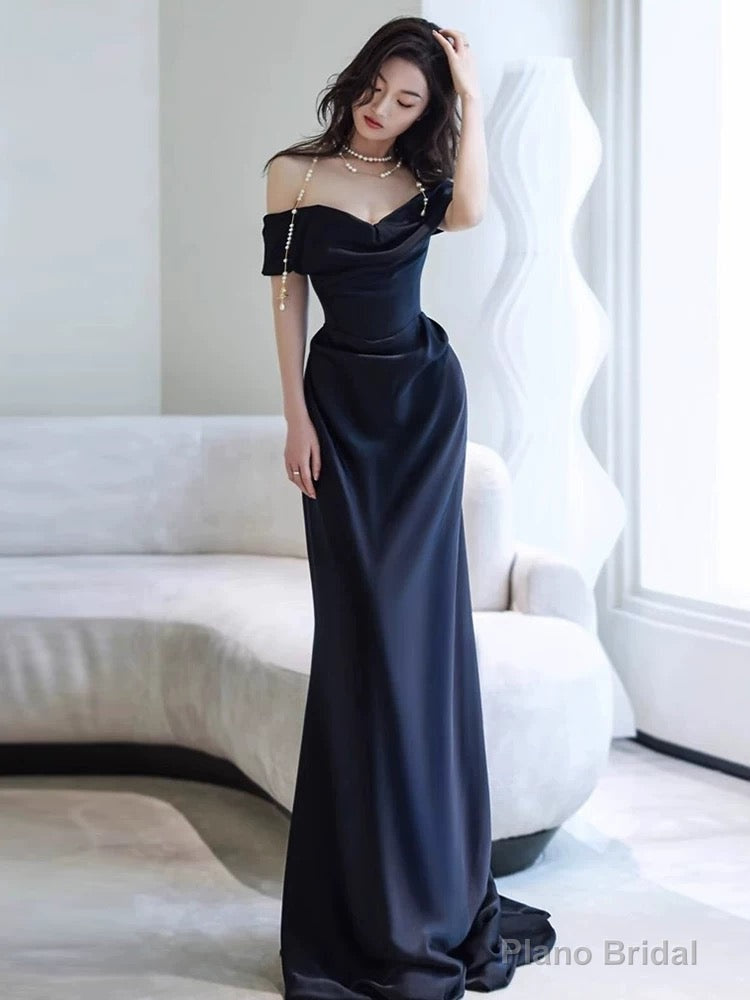 Sexy Sheath Off The Shoulder Navy Blue Satin Floor Length Evening Dress Prom Dresses