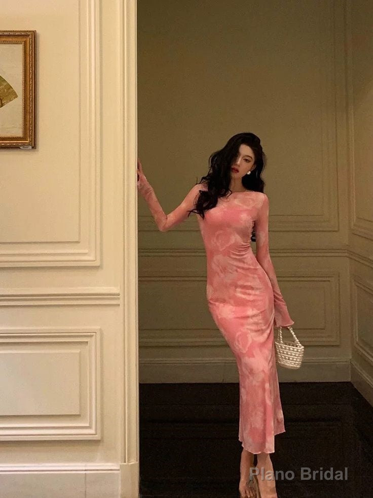 Sexy Sheath Pink Floral Long Sleeves Prom Dresses Birthday Outfits