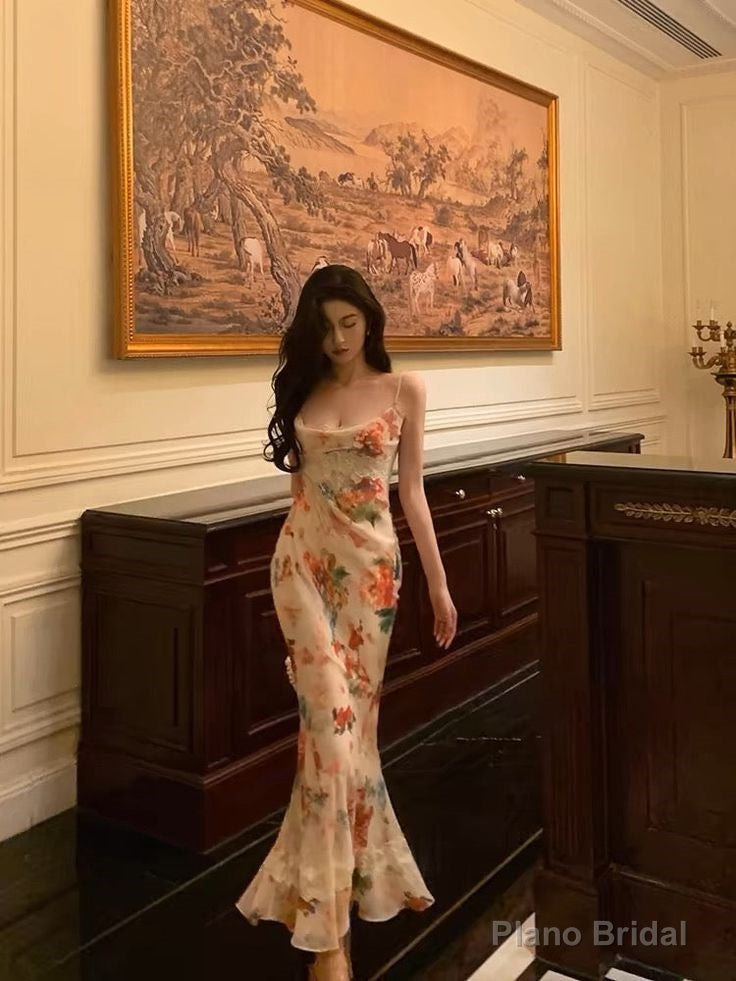 Sexy Sheath Spaghetti Straps Floral Ankle Length Prom Dresses Birthday Dress Main image