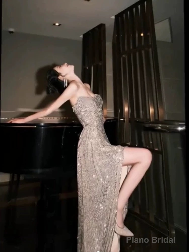 Sexy Sheath Strapless Champagne Sequin Evening Dress Prom Dresses Birthday Outfits Main image