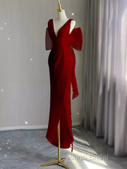 Sexy Sheath V Neckline Long Senior Red Formal Prom Dresses Formal Dresses