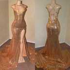 Sexy Spaghetti Straps V-Neck Mermaid Prom Dress Sequins Long Chiffon Gold With Split