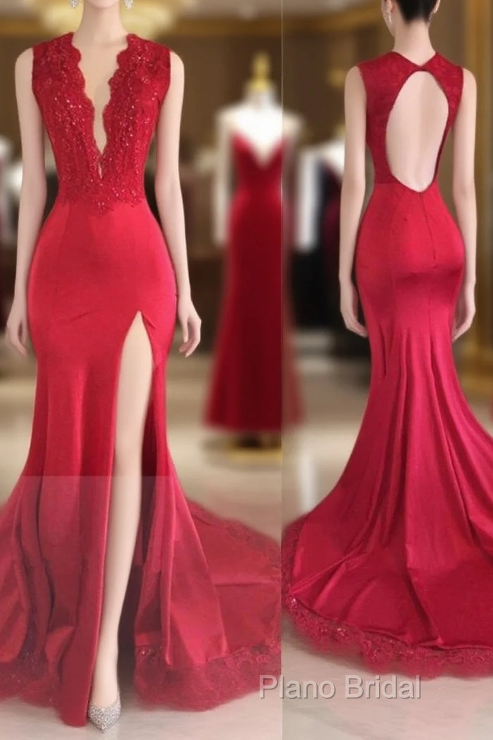 Sexy Split Backless V-Neck Lace Red Formal Prom Dresses Main image