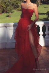 Sexy Strapless Layered Red Long Prom Dresses with High Slit,Formal Dresses,Dance Dress