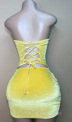 Sexy Strapless Yellow Velvet Formal Prom Dresses ,Charming Homecoming Dresses