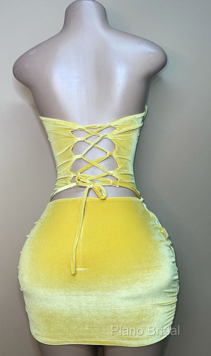 Sexy Strapless Yellow Velvet Formal Prom Dresses ,Charming Homecoming Dresses
