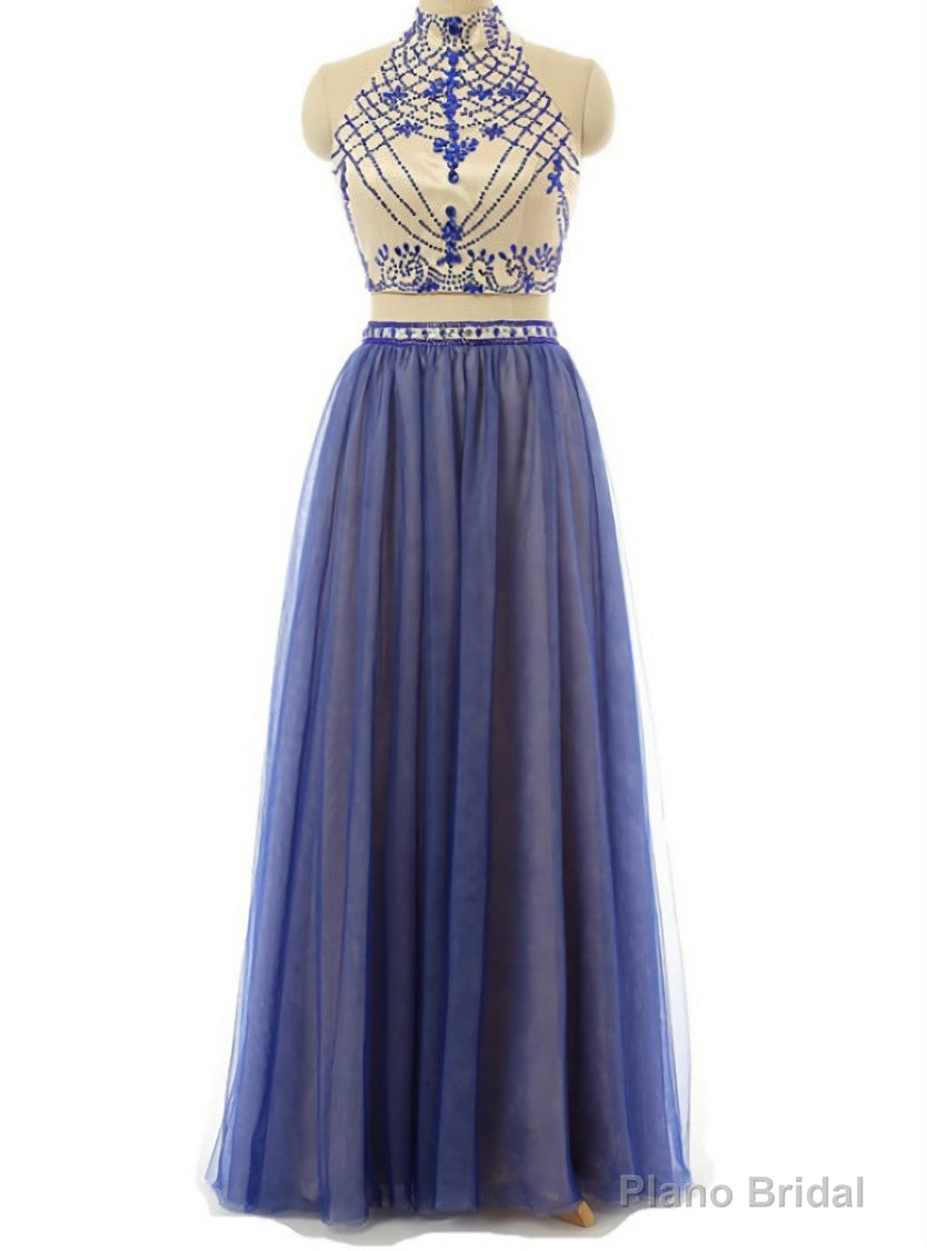 Sexy Two Piece Prom/Evening Dress Royal Blue Tulle Floor-Length Backless Beaded Party Dress