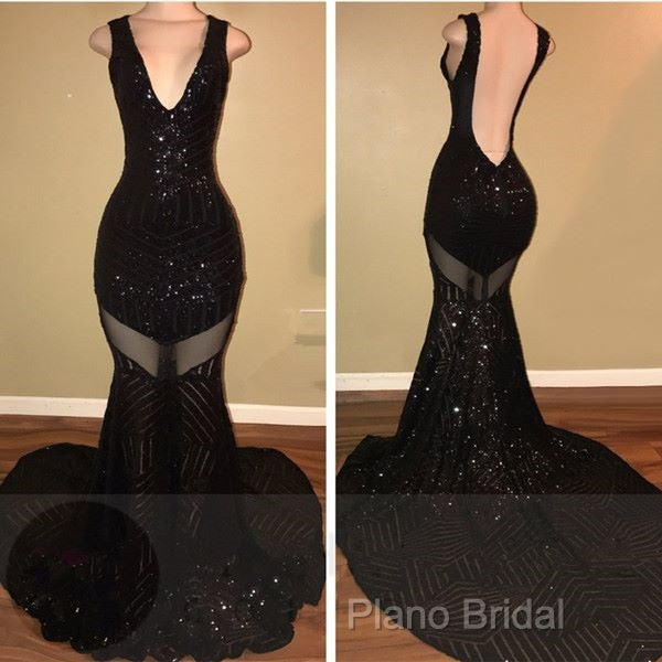 Sexy V-Neck Black Sequined Burgundy Formal Prom Dresses Secondary image