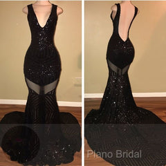 Sexy V-Neck Black Sequined Burgundy Formal Prom Dresses
