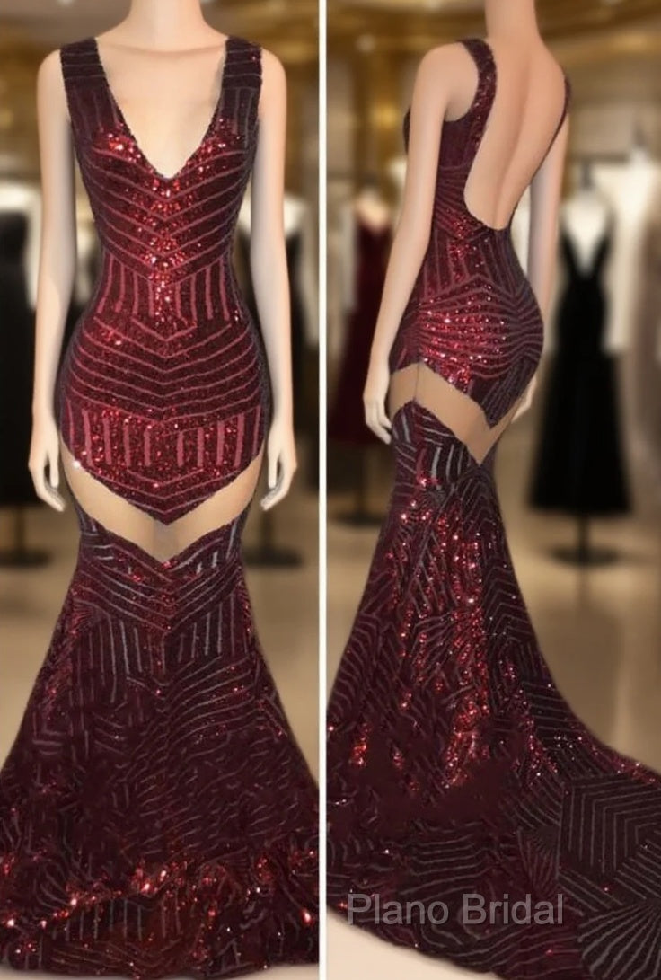 Sexy V-Neck Black Sequined Burgundy Formal Prom Dresses Main image