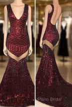 Sexy V-Neck Black Sequined Burgundy Formal Prom Dresses